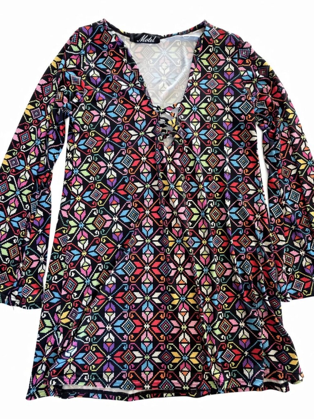 Motel Rocks Colorful Geometric Print Lace-Up Long Sleeve Mini Dress Size S